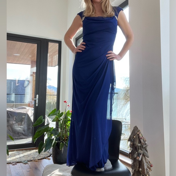 Xscape Royal Blue Asymmetrical Prom Gala Dress Gown - Picture 3 of 15